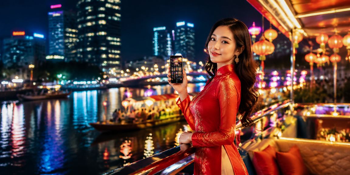 Người dùng VIP tại Hà Nội kiểm tra số dư và thưởng trên ứng dụng npxvip với trang phục áo dài