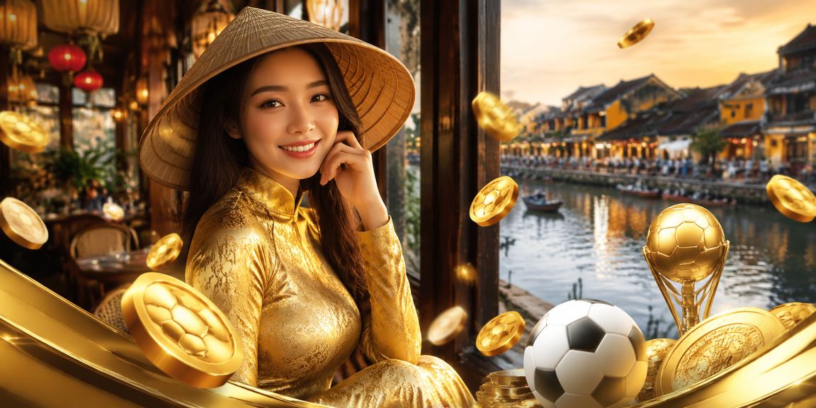 Người dùng xem tỷ lệ kèo bóng đá tại Hội An trên điện thoại với trang phục áo dài truyền thống